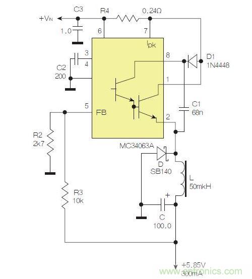 采用降壓配置中廣為使用的MC33063/MC34063的一個示例。